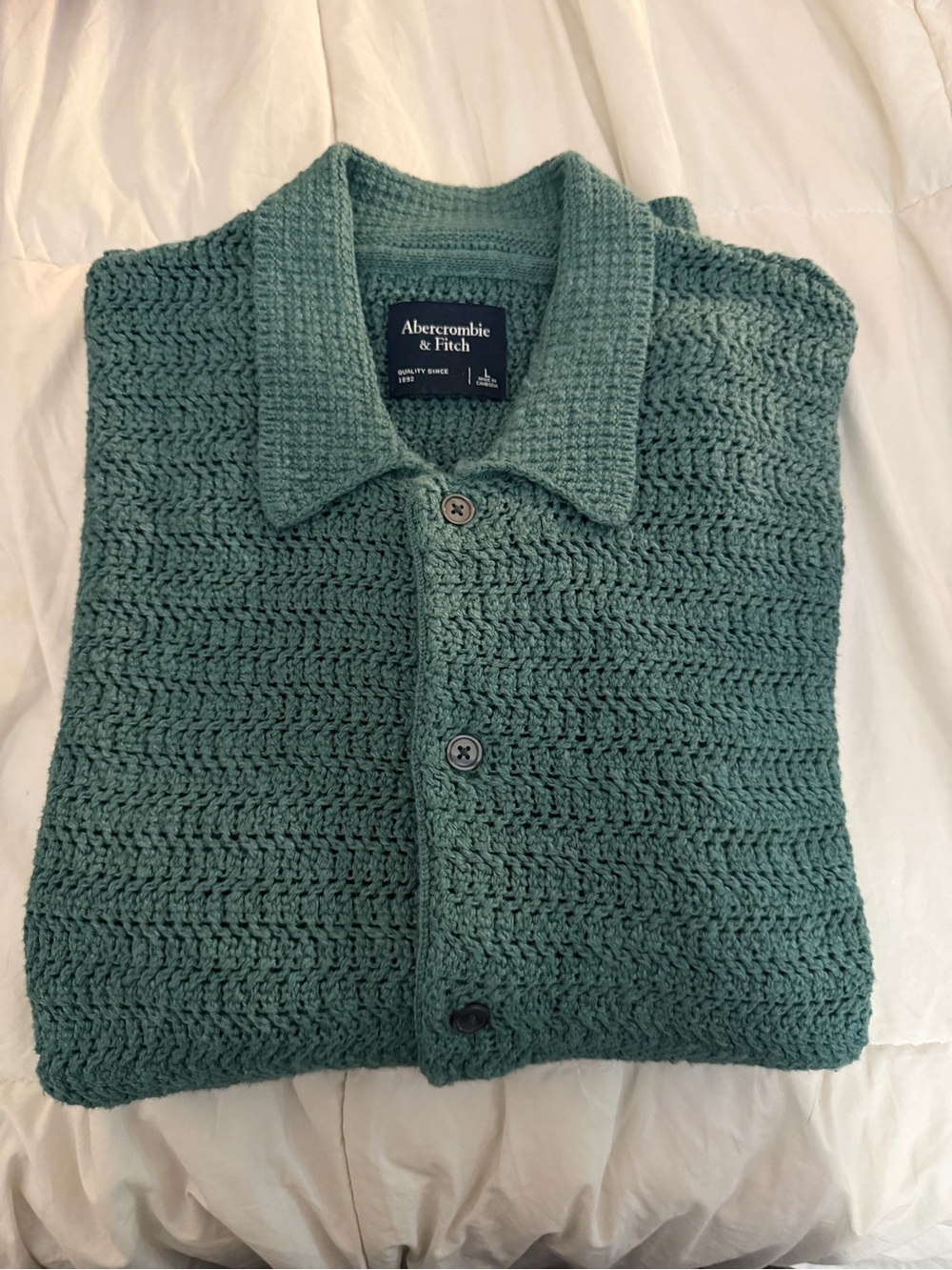 Abercrombie & Fitch Men's green Knit Crochet Button-Down Shirt sz L